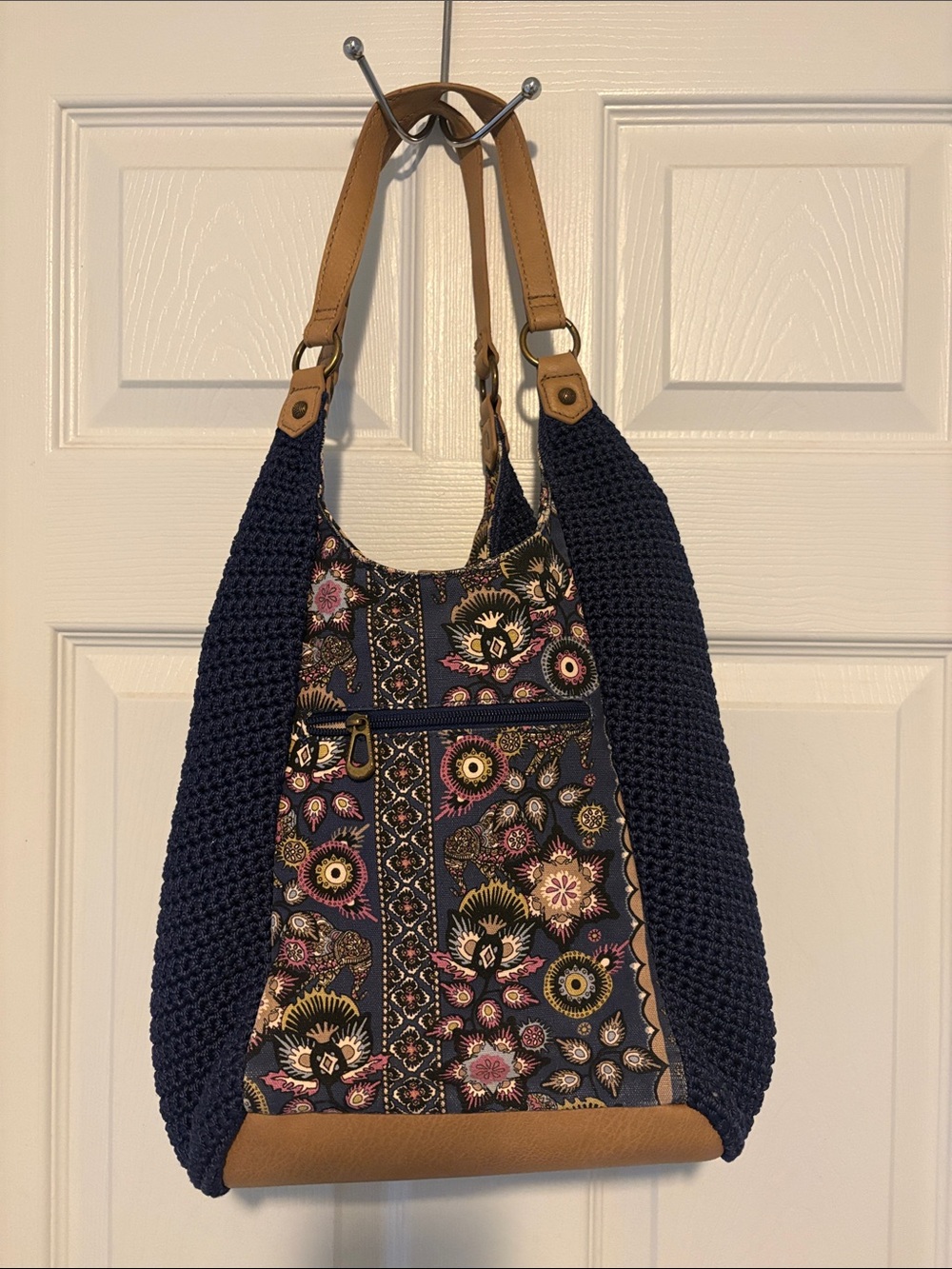 Sakroots Navy Floral Crochet-Trim Tote with Tan Straps - Picture 3 of 4